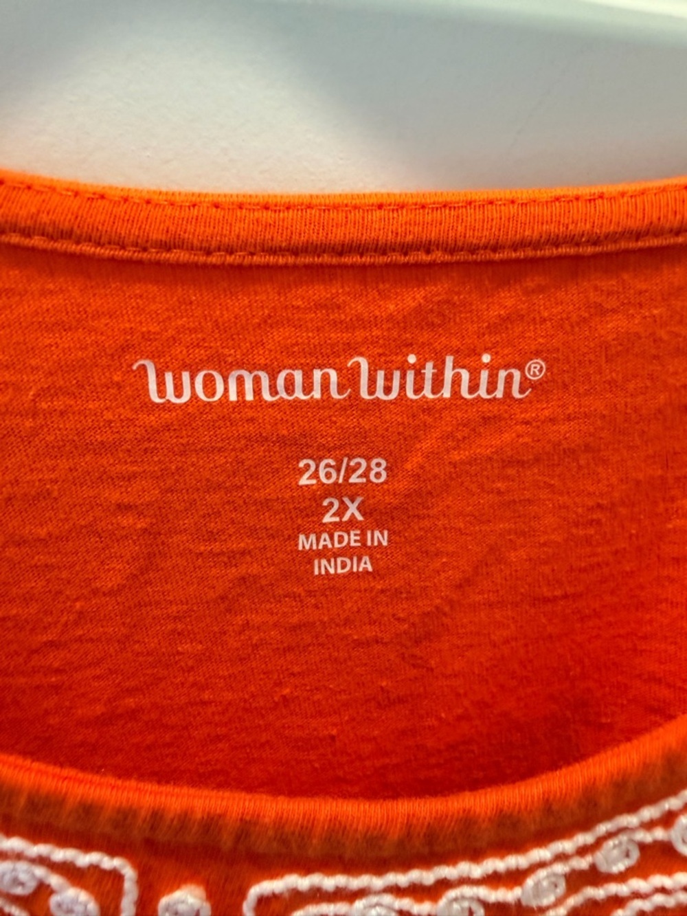 Woman Within 2X Orange Embroidered Tunic Top Boho Plus Size Cotton Blouse